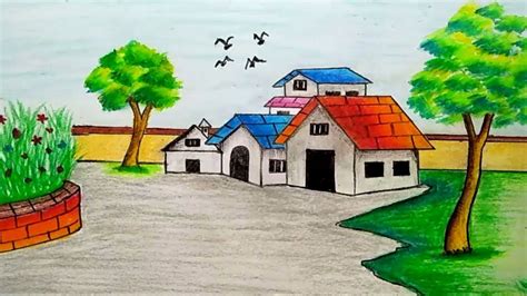How To Draw Village Scenery Landscape Scene Drawing Tutorial