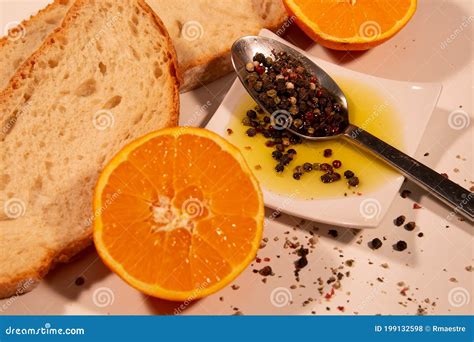 Pepper Olive Oil And Oranges In The Table Stock Photo Image Of Eating