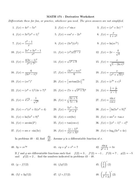 Derivative Worksheet Pdf Calculus Teaching Mathematics