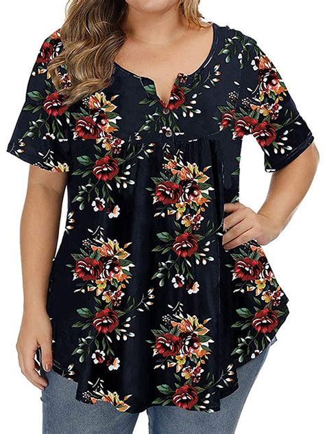 ukap womens plus size henley shirt short sleeve buttons up pleated tunic tops loose fit floral