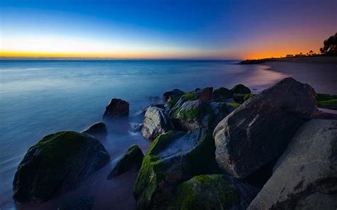 Hd Wallpaper Sunrise Blue Ocean Beach Sand Orange Rock 2560x1600