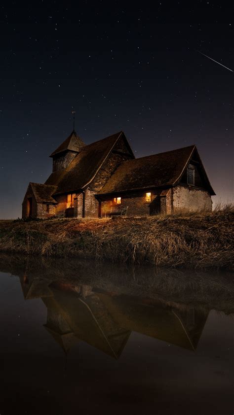 Download Wallpaper 1440x2560 Lakeside House Reflections Night Qhd