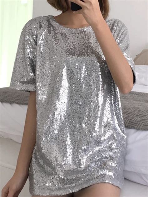 Silver Sequin Glitter Sparkly Round Neck Short Sleeve Oversize T Shirt Mini Dress T Shirts Tops