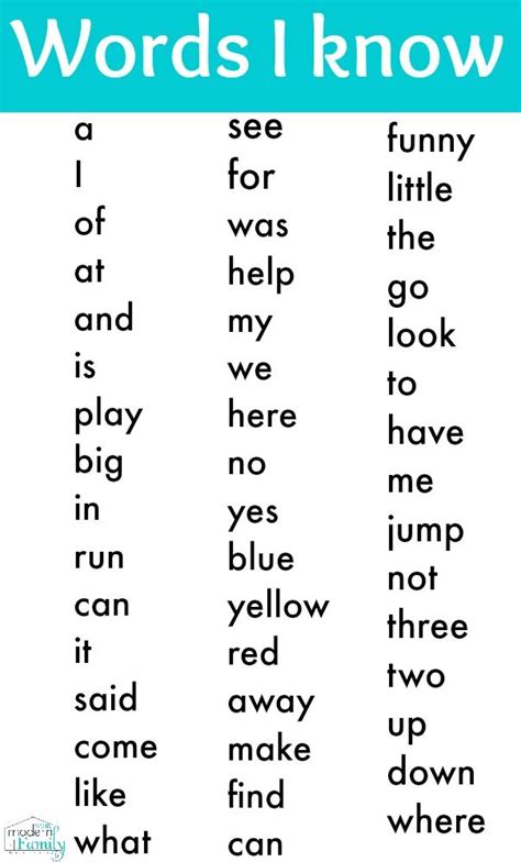 Kindergarten Sight Words List