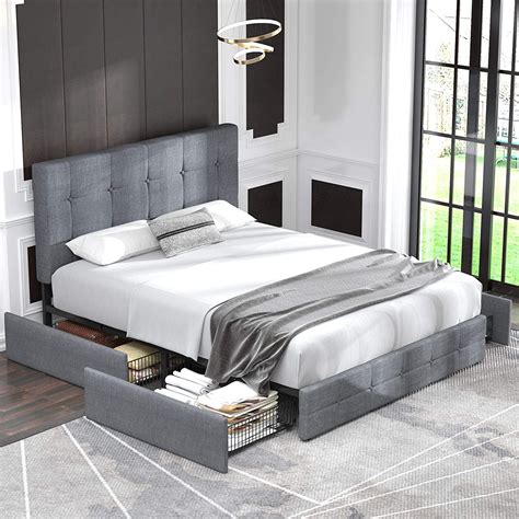 Buy Allewie Light Grey Queen Platform Bed Frame With 4 Drawers Storage