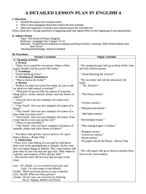A Detailed Lesson Plan In English 4 Pdf Lesson Plan Noun English Teacher Lesson Plans