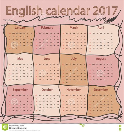 Calendario Inglese 2017 Illustrazione Vettoriale Illustrazione Di