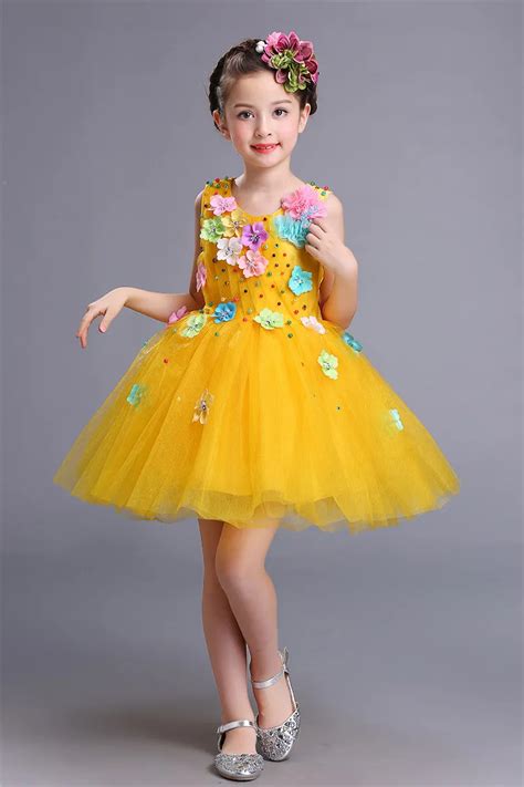 Fluffy Blue Yellow Girls Costume Birthday Party Dress Tulle Colorful