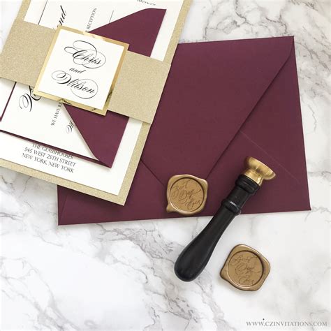 Gold Glitter Wedding Invitation With Burgundy Envelopes — Cz Invitations