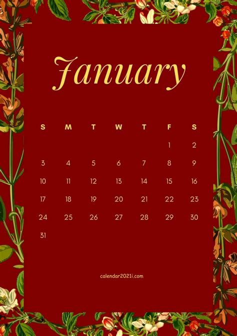 Floral January 2021 Calendar Printable Free Download