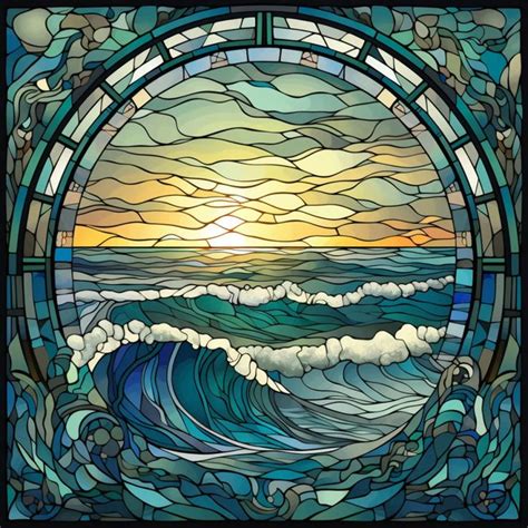 A Stained Glass Window With Waves In The Ocean