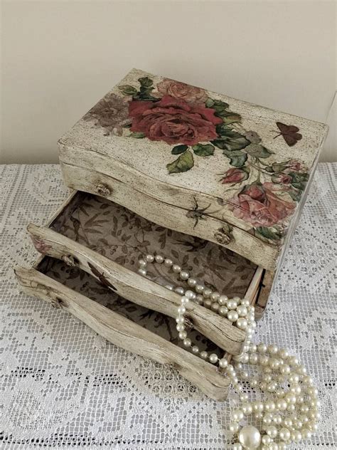 Wooden Jewellery Box Chalk Painted Decoupaged And Aged Etsy