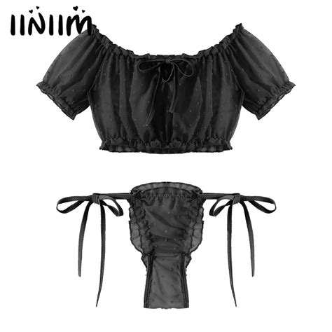 sissy lingerie set male underwear erotic nightwear off shoulder ruffled sexy crop top lace up