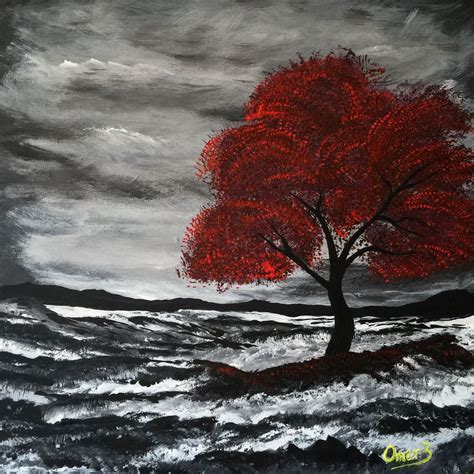 Acrylic Painting Red Tree Waves Black And White Red Painting Black