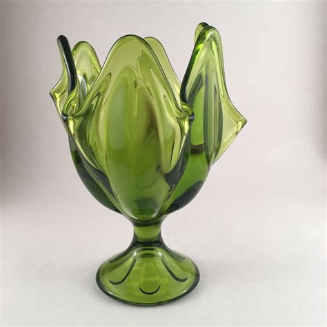 Vintage Art Glass Green Vase Blown Stretch Glass Candy Dish Etsy