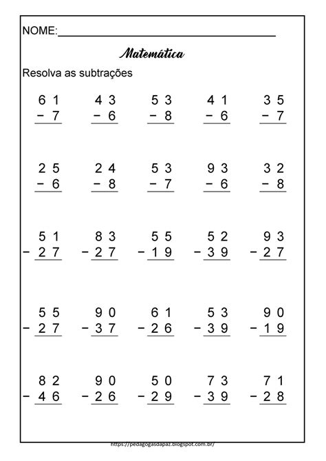 Pedagogas Da Paz Continhas De Subtra O Para Ano E Ano Para Imprimir Contas De Menos