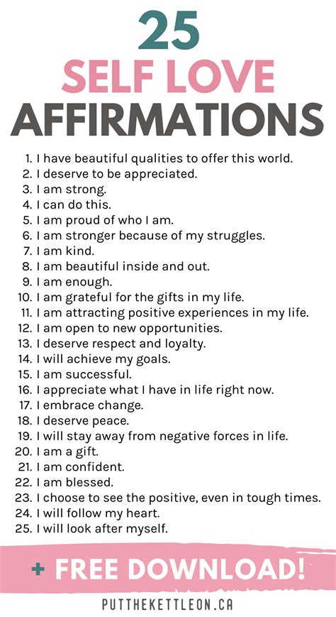 25 Positive Self Love Affirmations Free Pdf Worksheet In 2021 Self