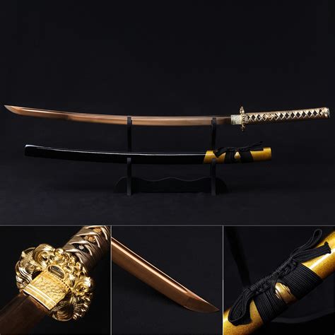 Handmade Japanese Katana Sword With Golden Blade And Tsuba Truekatana