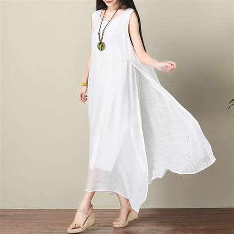 Summer Dress Women White Sleeveless Dress Plus Size Casual Loose Linen Dresses Lady Double Layer