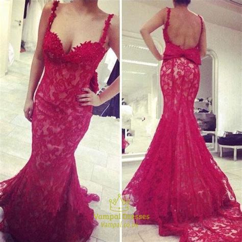 Red Spaghetti Strap Backless Lace Mermaid Prom Dress With Bow On Back