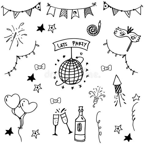 Party Set Doodle Vector Art Black And White Stock Illustration