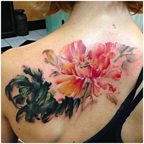 Cute Watercolor Painted Big Flower Tattoo On Upper Back Tattooimagesbiz