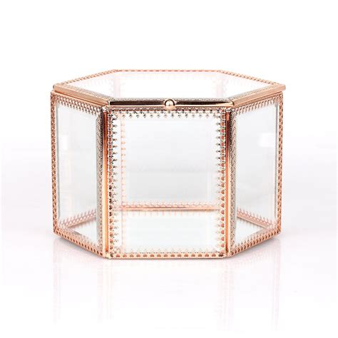 Ncyp Vintage Faceted Hexagonal Prisms Mirrored Brass Glass Box Jewelry Display With