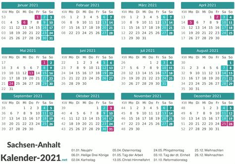 In der folgenden übersicht findest du die gesetzlichen feiertage 2021 der einzelnen bundesländer in deutschland. Kalender 2021 Sachsen-Anhalt