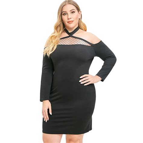 Wipalo Women Plus Size Lace Panel Halter Sexy Bodycon Dress Cold Shoulder Long Sleeves Casual