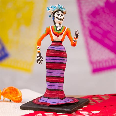 Hand Sculpted Day Of The Dead Woman Papier Mache Statuette Catrina
