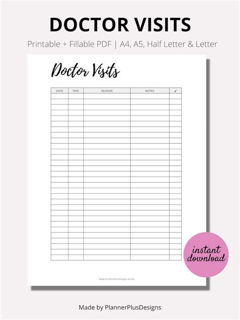 Doctor Visits Tracker Printable Doctors Appointments Log Etsy