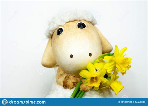 Easter Sheep Toy With Narcissi Daffodil In Her Hand With