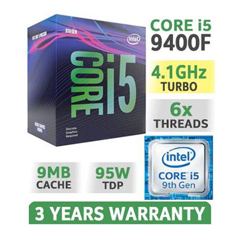 9m cache, up to 4.10 ghz. CPU Intel Core i5-9400F 2.90Ghz Turbo up to 4.10GHz / 9MB ...