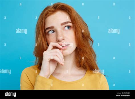 Headshot Portrait Of Happy Ginger Red Hair Girl With Freckles Smiling Looking At Camera Pastel