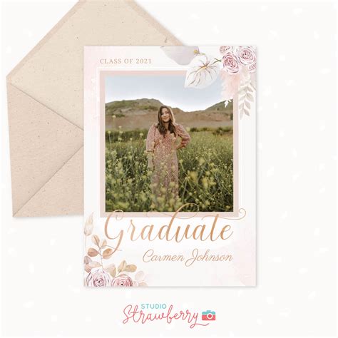 Girl Graduation Invitation Template With Flowers Strawberry Kit