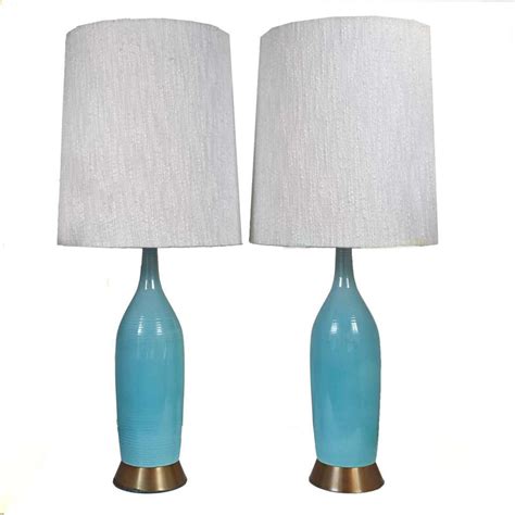 Pair Of Mid Century Turquoise Blue And Brown Table Lamps At 1stdibs