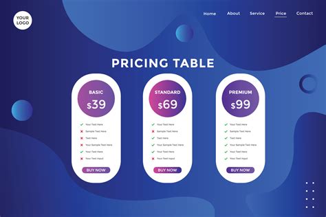 Landing Page Product Package Price For Website Price Chart Template