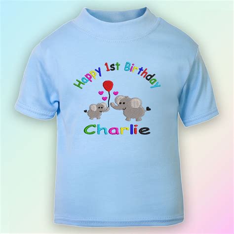 Happy 1st Birthday Embroidered Baby T Shirt T Personalised Elephants