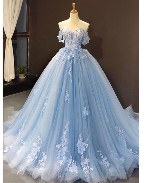 Skye Blue Off The Shoulder Lace Sweet 16 Prom Quinceanera Dresses Jp41