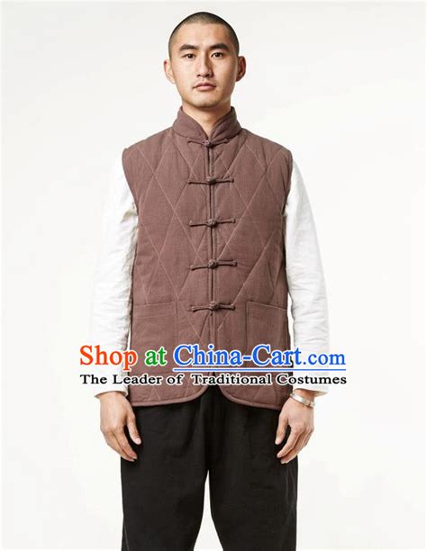 Asian China National Costume Brown Cotton Padded Vest Traditional