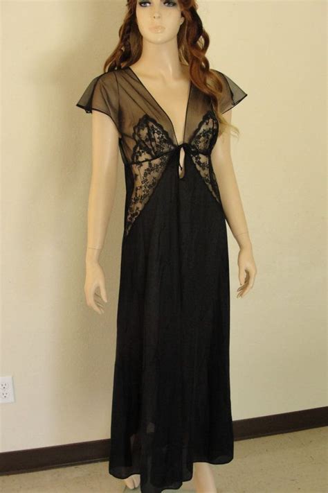 vintage long black nightgown with sheer lace bodice size etsy black nightgown night gown