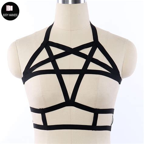 women gothic fetish wear pentagram body harness crop top cage bra black pentagram harness bra