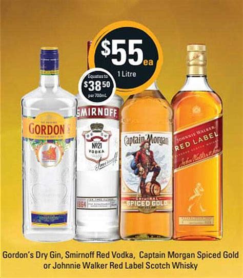 Gordon S Dry Gin Smirnoff Red Vodka Captain Morgan Spiced Gold Or Johniie Walker Red Label