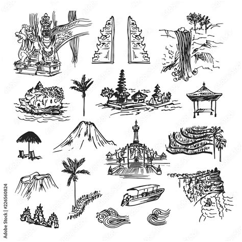 Drawing Sketch Elements Buildings And Places Of Bali Island Unique