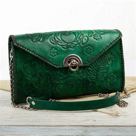 Unicef Market Hand Tooled Green Leather Shoulder Bag Or Clutch