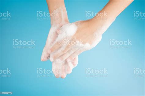 Hands Female Washing With Bubble Foam From Soap On Top View Isolated On