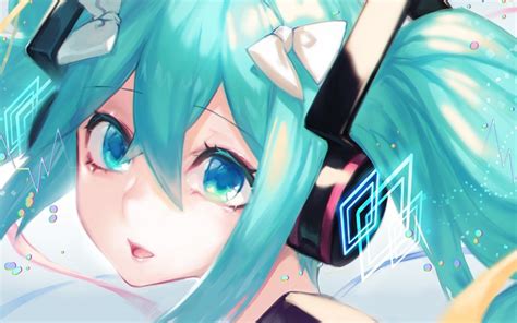 デスクトップ壁紙 アニメの女の子 青い髪 青い目 初音ミク 音楽 ヘッドフォン ヘッドセット ポニーテール 1280x800