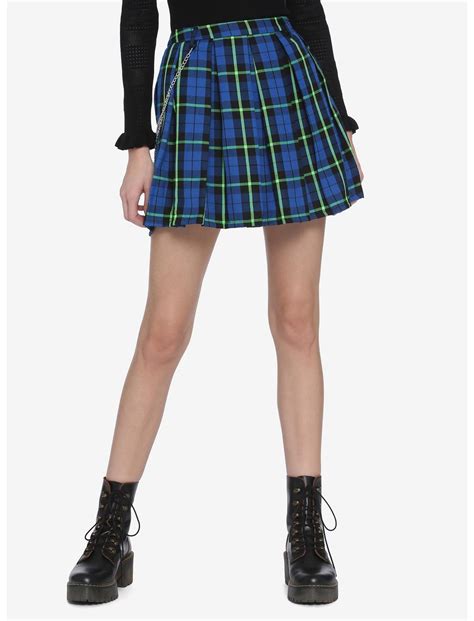 Blue And Green Plaid Pleated Chain Skirt Hot Topic
