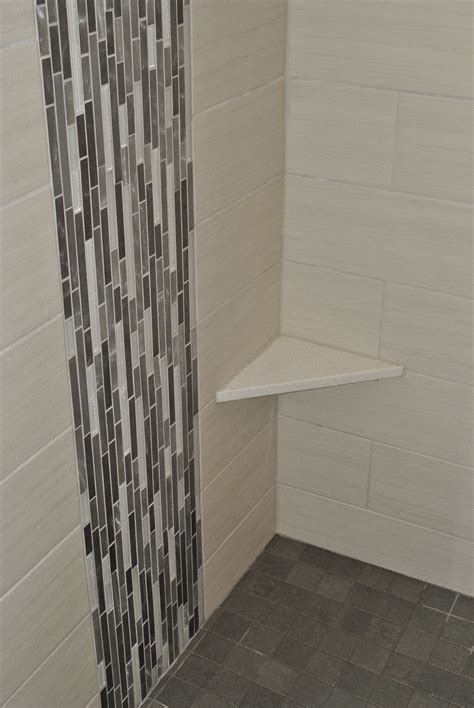 Vertical Glass Tile Waterfall Feature With Shaving Ledge Bathrooms
