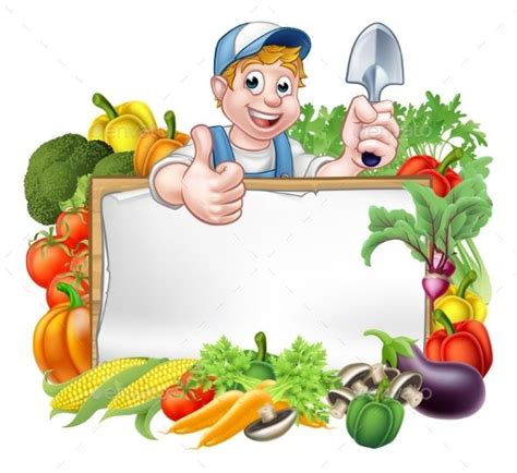 A Cartoon Farmer Holding A Sign Surrounded By Vegetables And Fruits